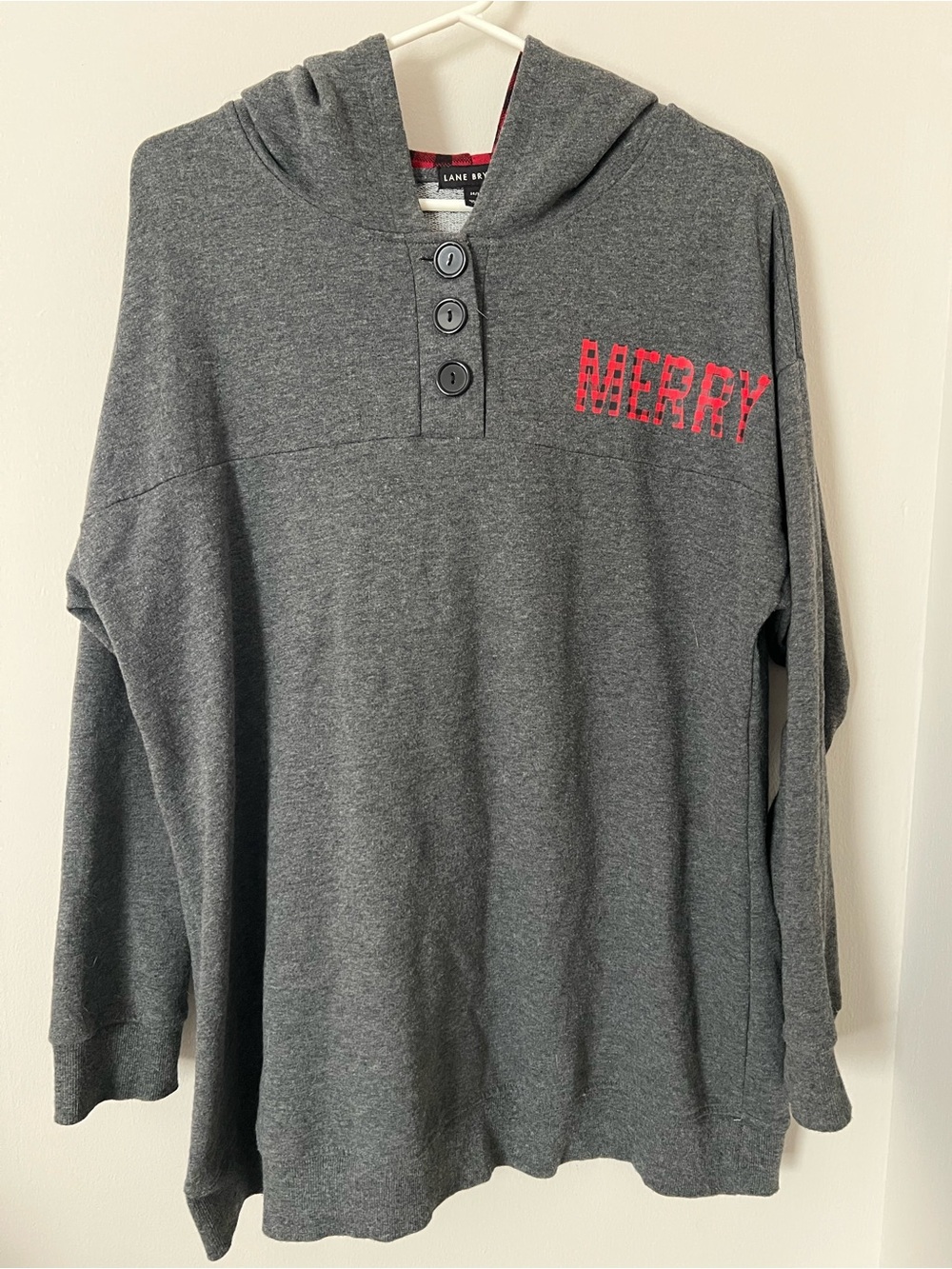 Lane Bryant Gray Hooded Sweatshirt with Red 'MERRY' Print